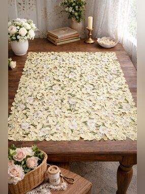 Vintage Table Topper Ivory Floral Cutwork Cottagecore Overlay 41” x 43”